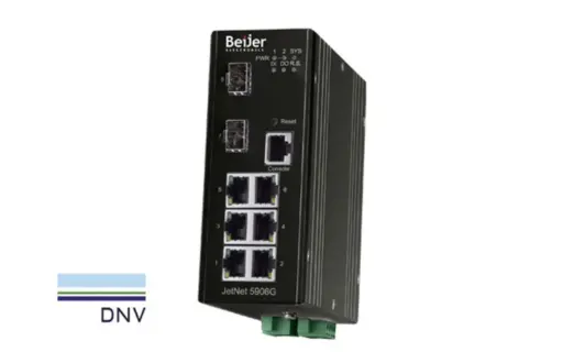 Beijer JetNet 5908G‑2F – DNV‑certified managed Gigabit marine switch with fiber uplinks.